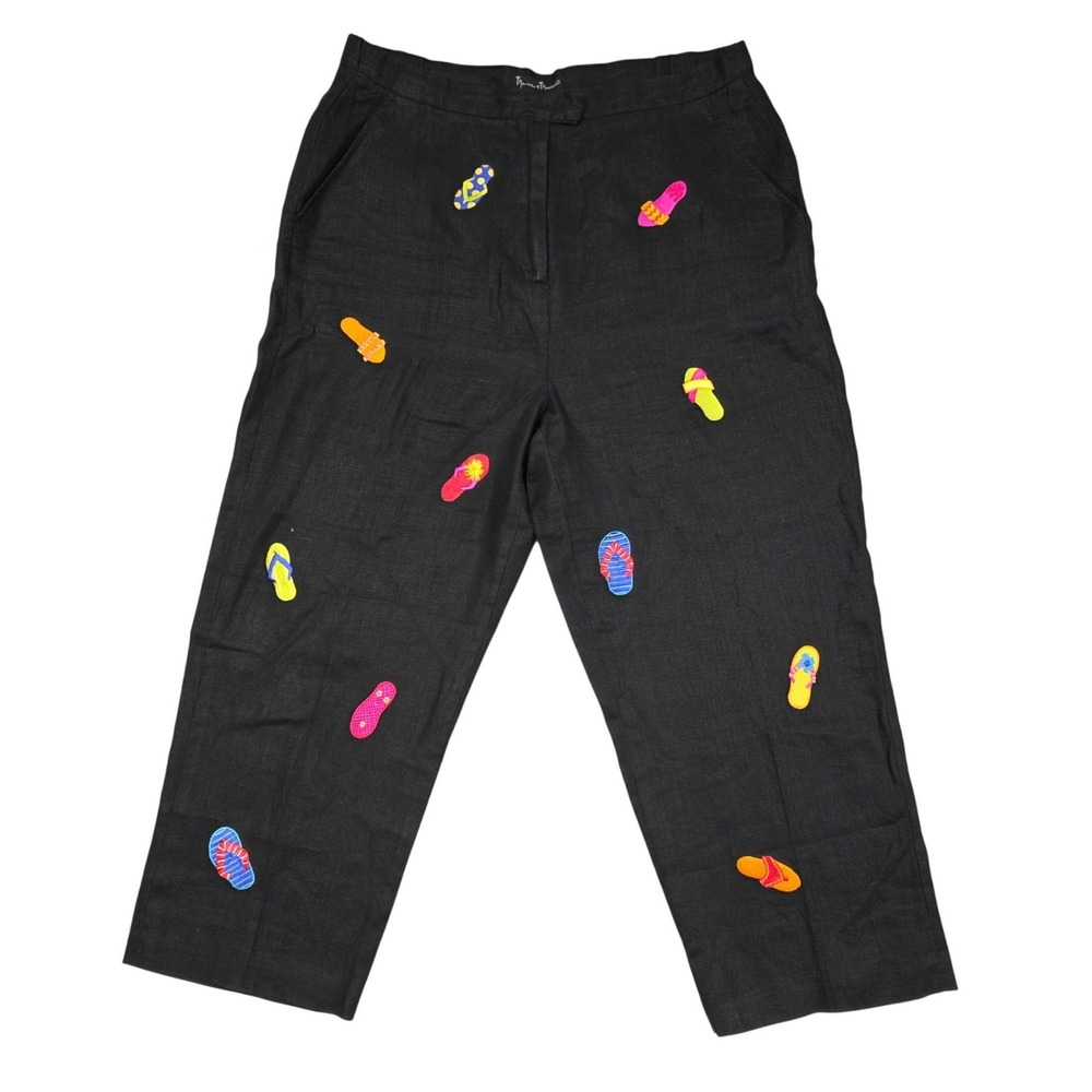 Mercer & Madison Pants Womens 14W Black Linen Flip Flop Embroidered Crop Coastal